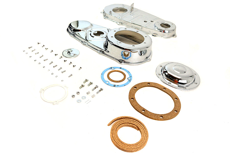 V-Twin chrome primary cover kit for drive line, featuring shiny chrome finish and detailed design, compatible with V-Twin motorcycles.