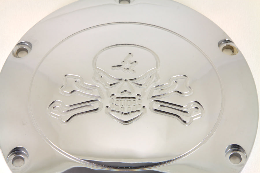 Chrome V-Twin Skull with Cross Bones Derby Cover for drive line, featuring a detailed skull and crossbones design.