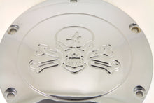 Load image into Gallery viewer, Chrome V-Twin Skull with Cross Bones Derby Cover for drive line, featuring a detailed skull and crossbones design.