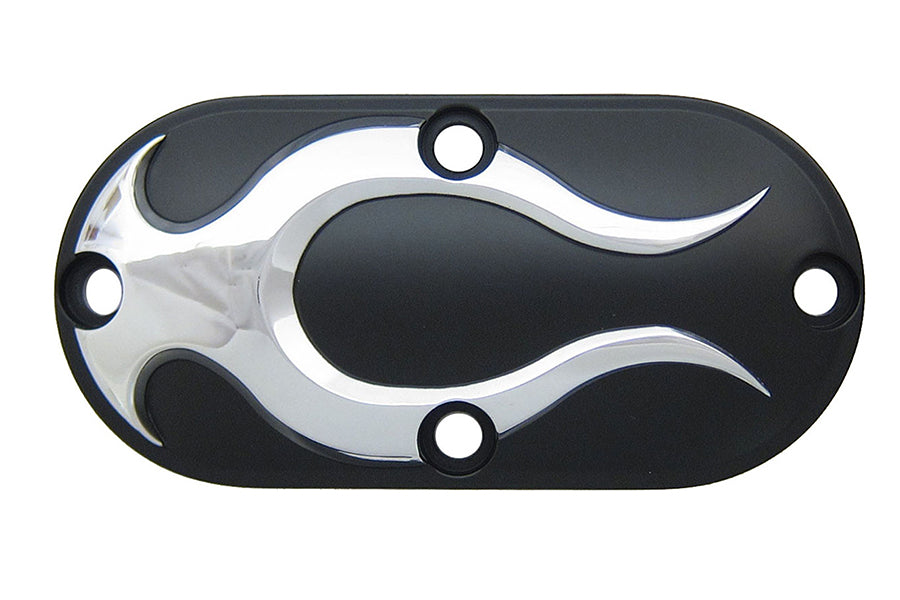V-Twin black drive line inspection cover with chrome flame design for motorcycle maintenance and customization.