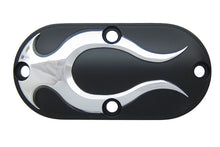 Load image into Gallery viewer, V-Twin black drive line inspection cover with chrome flame design for motorcycle maintenance and customization.