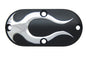 V-Twin black drive line inspection cover with chrome flame design for motorcycle maintenance and customization.