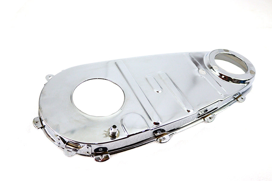 Chrome V-Twin replica inner primary cover for drive line, showcasing polished metal with detailed design.