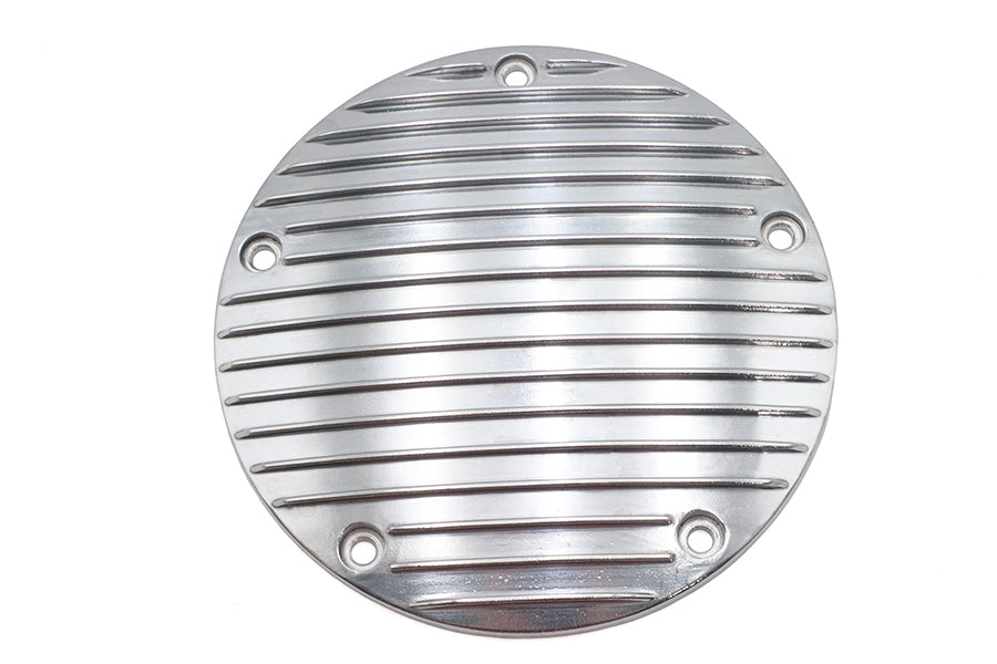 Chrome V-TWIN 80-inch Finned Derby Cover for drive line, showcasing a sleek, polished design with detailed finned styling.