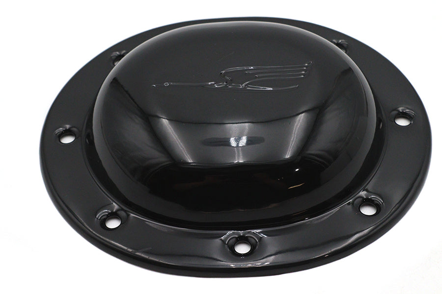 V-Twin Replica Bird Style Derby Cover in black for drive line applications, showcasing detailed bird design on a motorcycle part.