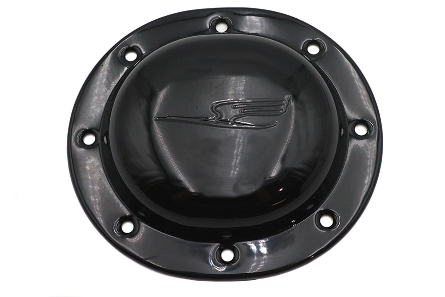 V-Twin Replica Bird Style Derby Cover in black for drive line, featuring detailed bird design on a motorcycle engine component.
