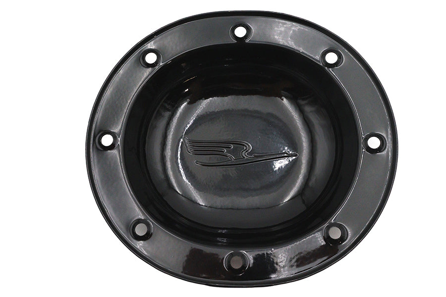 V-TWIN replica Bird style derby cover in black for drive line, featuring detailed bird design and glossy finish.