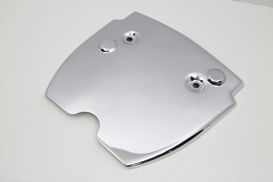 Chrome V-TWIN Battery Top Frame Cover for drive line, showcasing shiny metal finish and precise fit on motorcycle engine.