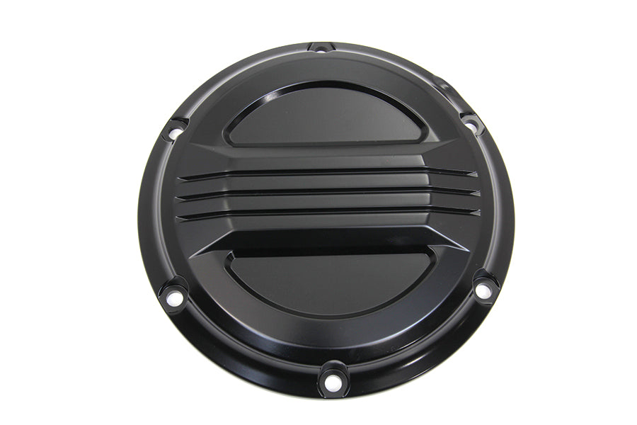 V-Twin Black Air Flow Derby Cover for drive line, showcasing a sleek black finish and detailed design on a motorcycle engine component.