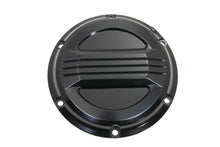 Load image into Gallery viewer, V-Twin Black Air Flow Derby Cover for drive line, showcasing a sleek black finish and detailed design on a motorcycle engine component.