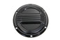 V-Twin Black Air Flow Derby Cover for drive line, showcasing a sleek black finish and detailed design on a motorcycle engine component.