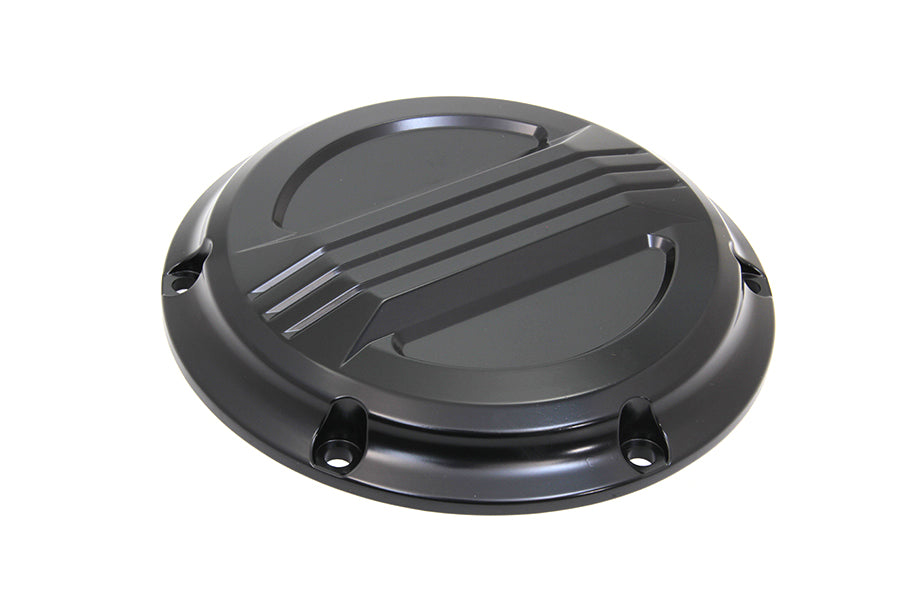 V-Twin black air flow derby cover for drive line, featuring a sleek design and ventilation slots, compatible with motorcycle engine covers.