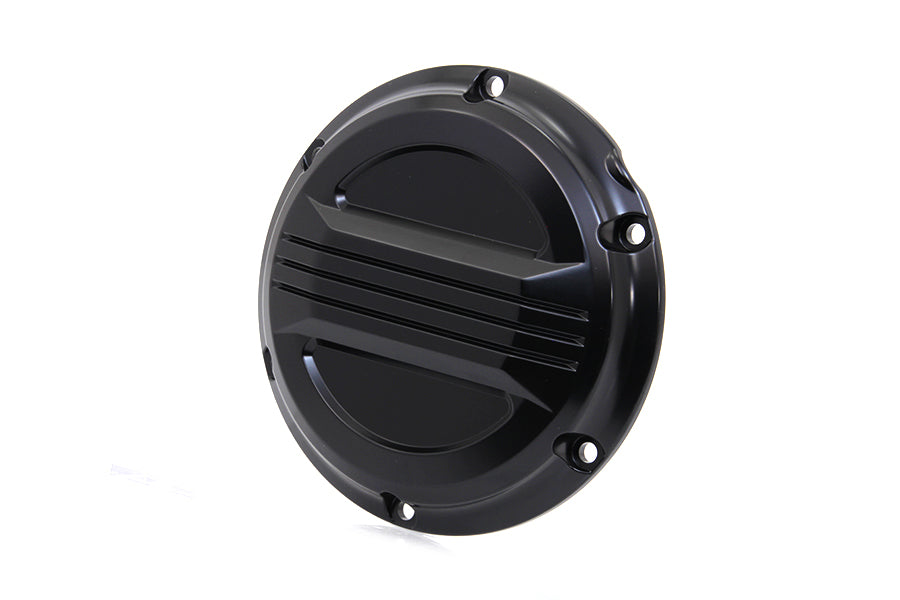 V-Twin black air flow derby cover for drive line, designed for motorcycle V-twin engines, featuring a sleek black finish.