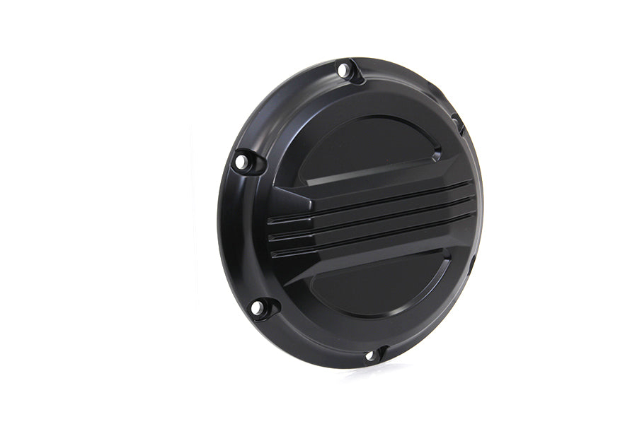 V-Twin Black Air Flow Derby Cover for drive line, featuring a sleek design and V-Twin branding on a motorcycle engine component.