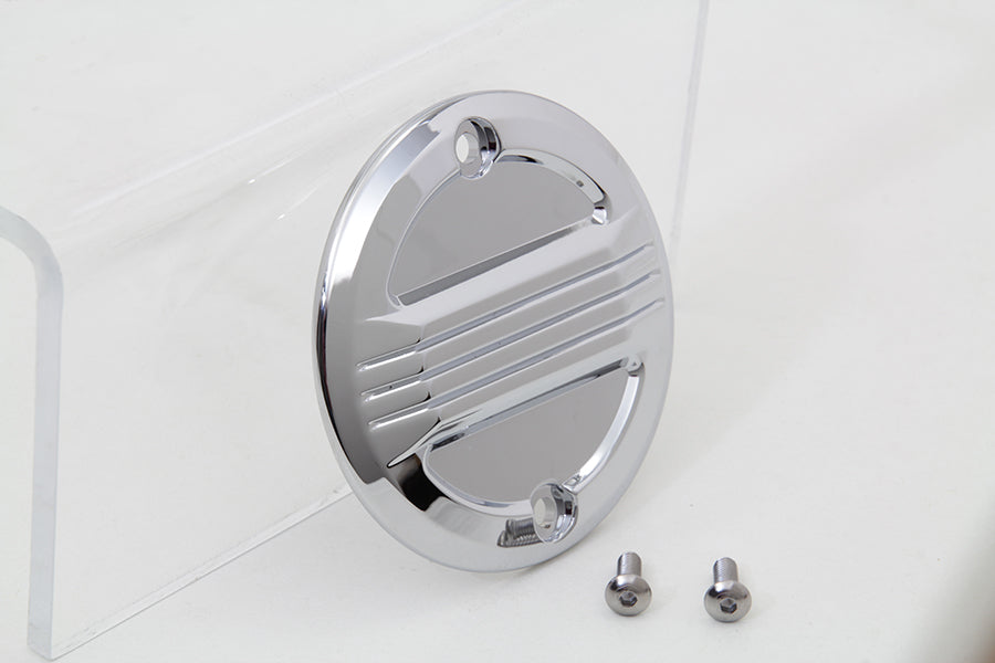 V-TWIN chrome air flow ignition system cover for electrical components, showcasing a shiny, polished finish and detailed design.