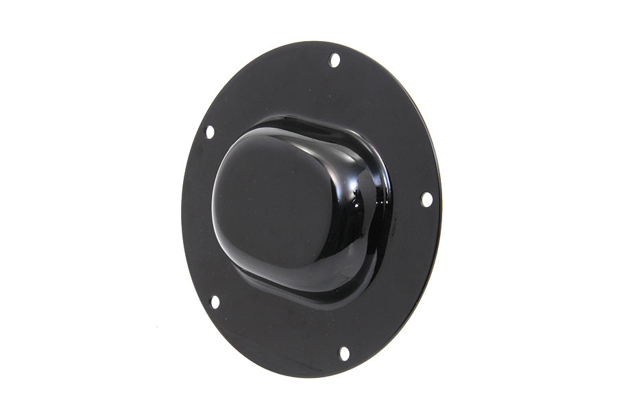 V-TWIN black nostalgic 5-hole derby cover for drive line, featuring a classic design with a smooth finish on a motorcycle engine component.