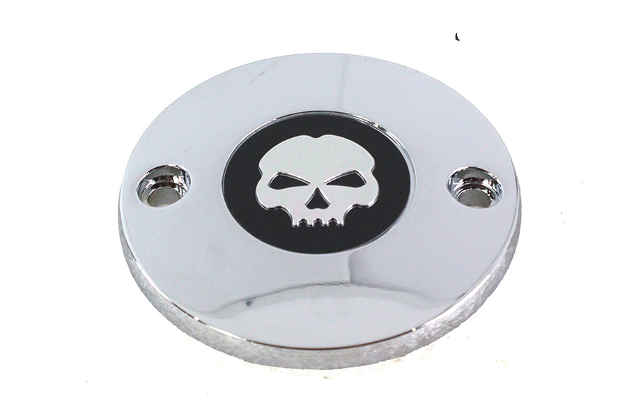 Chrome skull ignition system cover for M8 V-Twin motorcycle, electrical component with polished chrome finish.