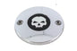 Chrome skull ignition system cover for M8 V-Twin motorcycle, electrical component with polished chrome finish.