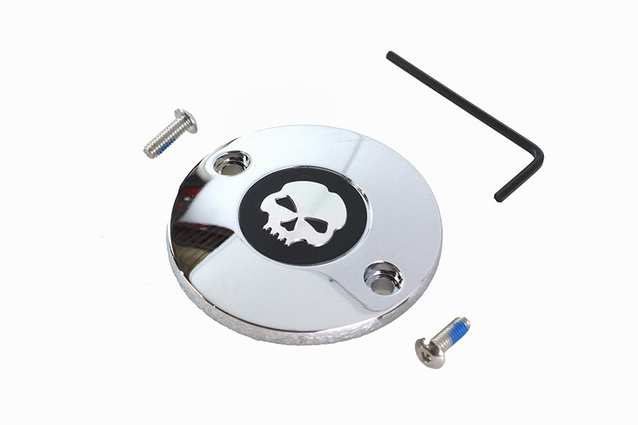 Chrome V-Twin M8 ignition system cover with skull design for motorcycle electrical components.