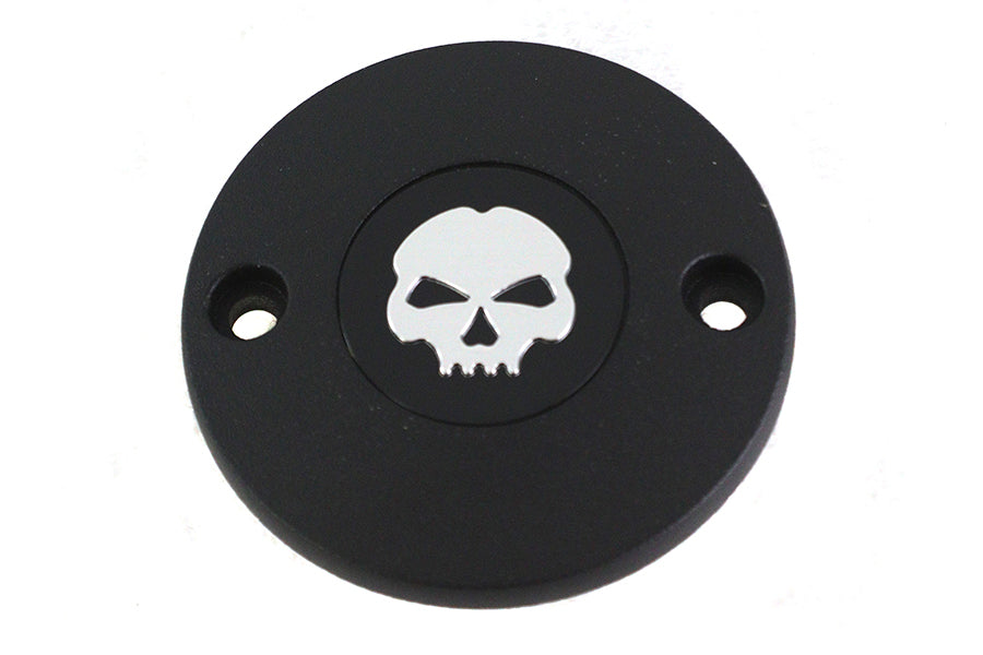 Black V-Twin M8 Ignition System Cover with skull design, electrical component for motorcycle ignition system.