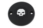 Black V-Twin M8 Ignition System Cover with skull design, electrical component for motorcycle ignition system.