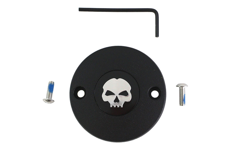 V-Twin M8 Ignition System Cover Skull in black, electrical accessory with a bold skull design for Harley-Davidson motorcycles.