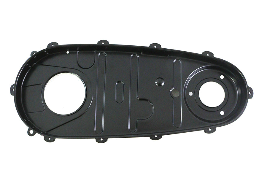Black V-Twin V-TWIN Replica Inner Primary Cover for drive line, showcasing detailed design and fitment on a motorcycle.