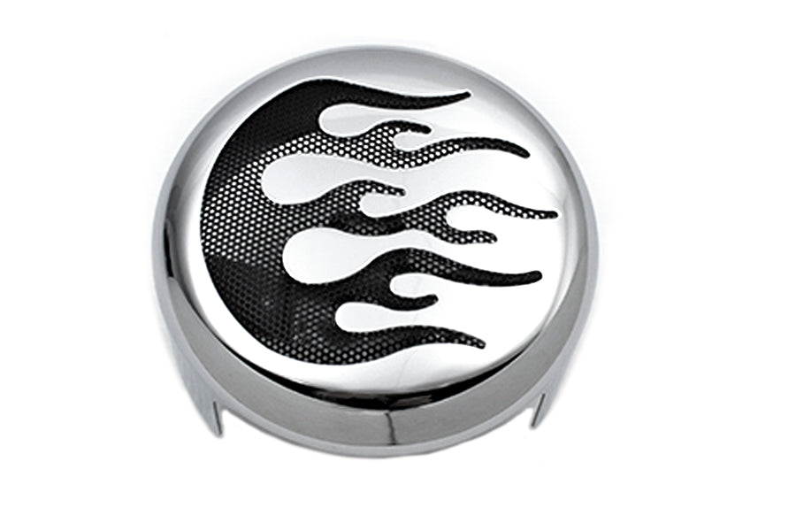 V-Twin flame accent horn cover for motorcycle electrical system, with vibrant flame design on metal surface.