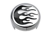 Load image into Gallery viewer, V-Twin flame accent horn cover for motorcycle electrical system, with vibrant flame design on metal surface.