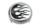 V-Twin flame accent horn cover for motorcycle electrical system, with vibrant flame design on metal surface.
