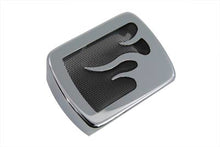 Load image into Gallery viewer, V-Twin chrome coil cover with flame accent for electrical components, showcasing a shiny, decorative motorcycle engine part.