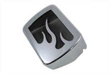 Load image into Gallery viewer, V-TWIN chrome coil cover with flame accent for electrical components, featuring a sleek, polished finish and detailed flame design.