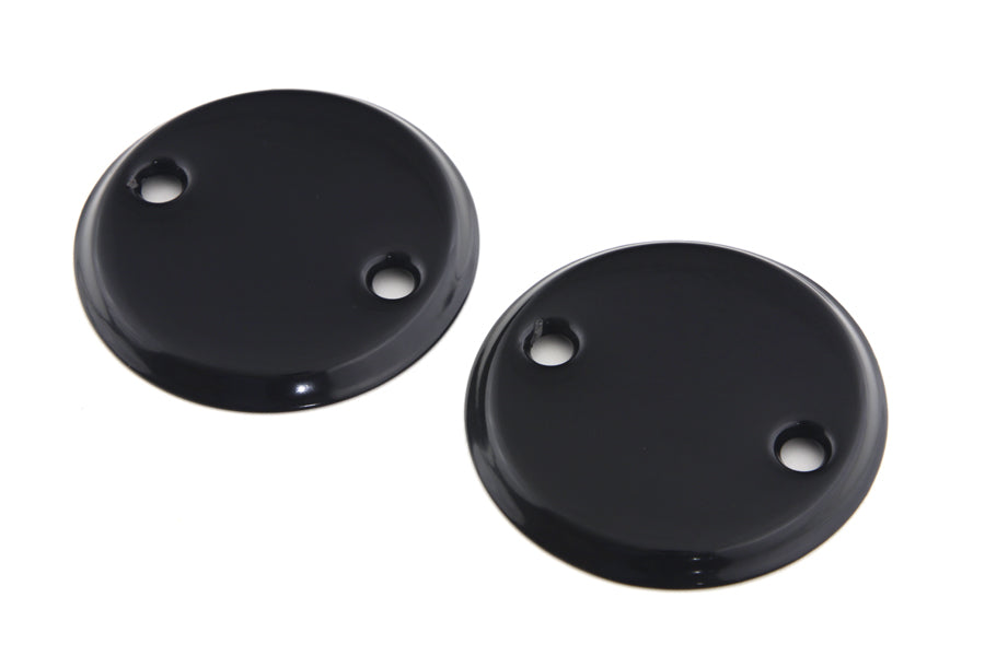 V-Twin 45-inch black side valve inspection cover set for vintage motorcycle engines, showcasing the metal covers with black finish.