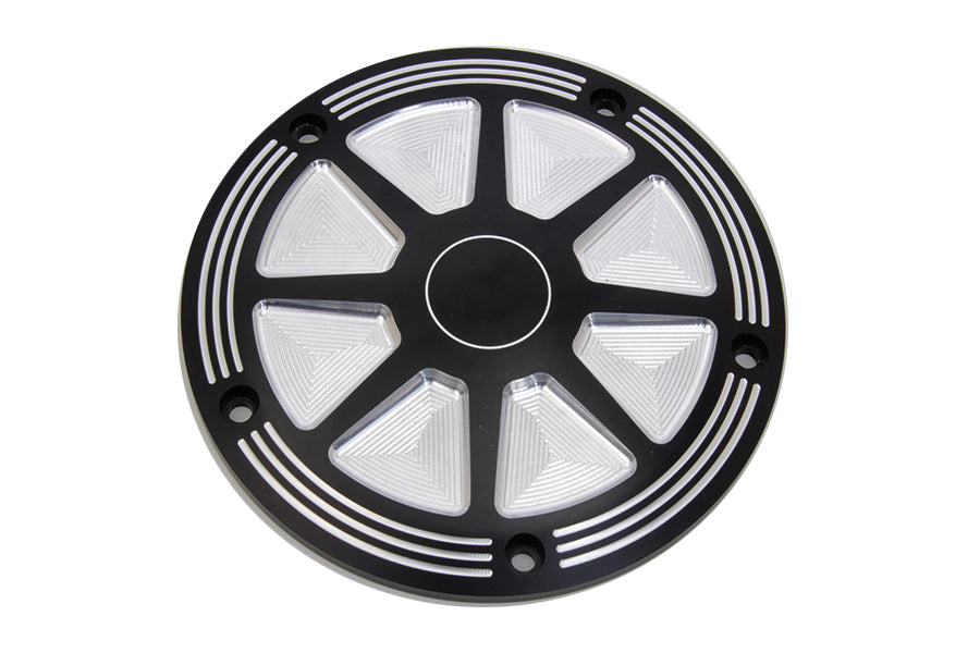 V-Twin black contrast derby cover for drive line, featuring a sleek finish and detailed design on a motorcycle part.