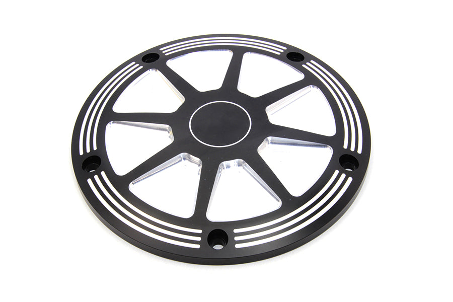 V-Twin black contrast derby cover for drive line, featuring a sleek design and durable construction for motorcycle engines.