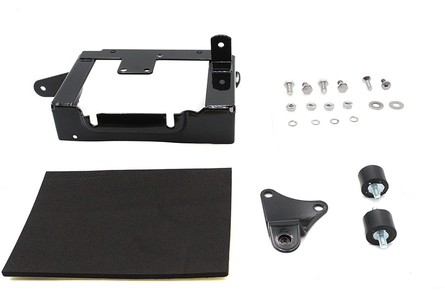 V-TWIN black electrical battery carrier kit with mounting hardware for motorcycle batteries, part 42-1571a.