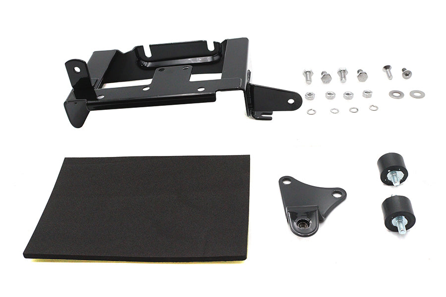 V-TWIN Black Battery Carrier Kit for electrical systems, showing the durable black battery holder with mounting hardware.