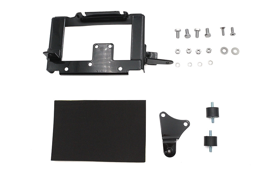 V-TWIN black battery carrier kit for electrical systems, featuring durable mounting components for motorcycle batteries.