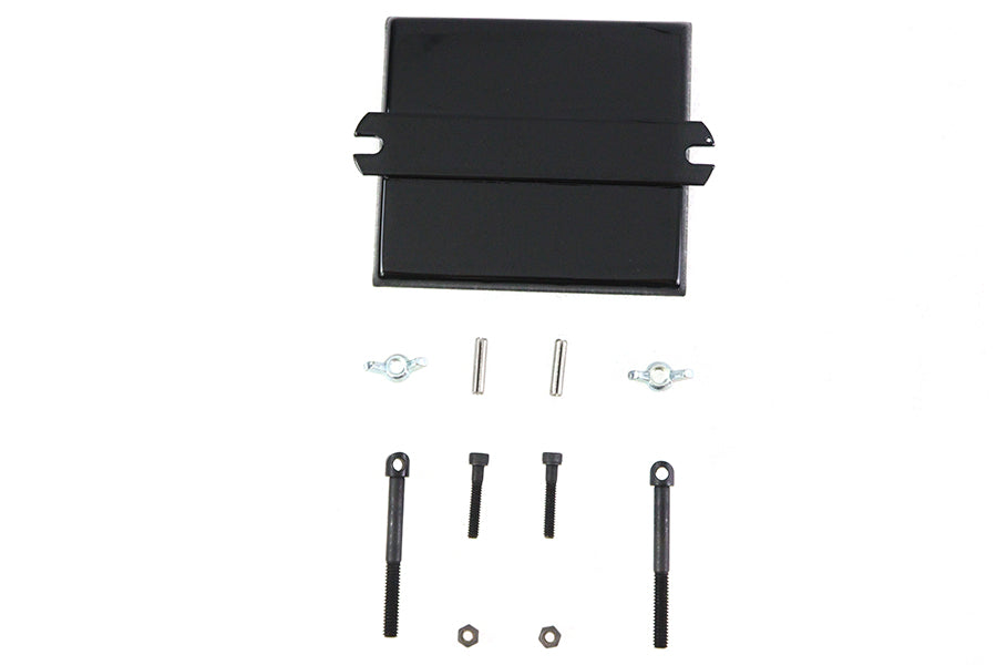 V-TWIN 45-inch black battery box top kit for electrical motorcycle applications, shown with mounting hardware.