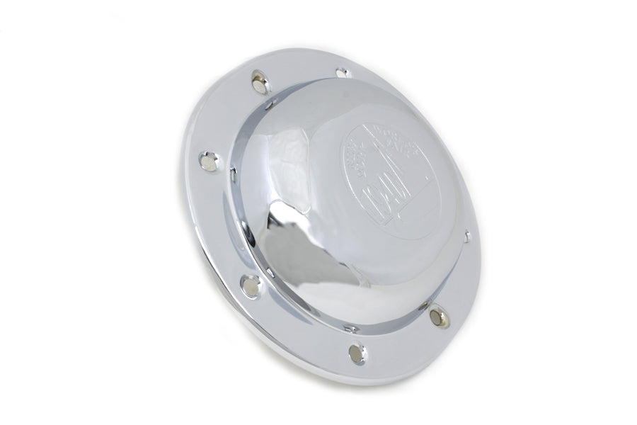V-Twin Chrome Derby Cover for drive line, featuring World's Fair design, shiny chrome finish, and detailed craftsmanship.