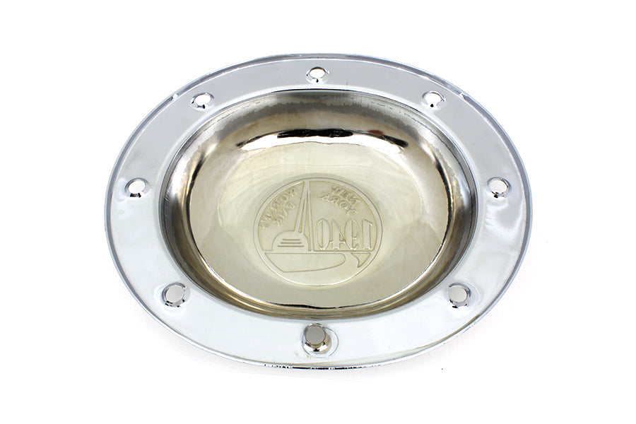 V-Twin Chrome Derby Cover for drive line, featuring World's Fair design, on a motorcycle engine component.