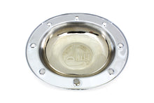 Load image into Gallery viewer, V-Twin Chrome Derby Cover for drive line, featuring World's Fair design, on a motorcycle engine component.