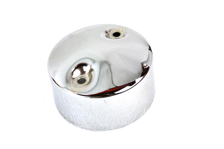V-TWIN chrome generator end cover for electrical systems, showing a shiny, polished metal finish with detailed branding.