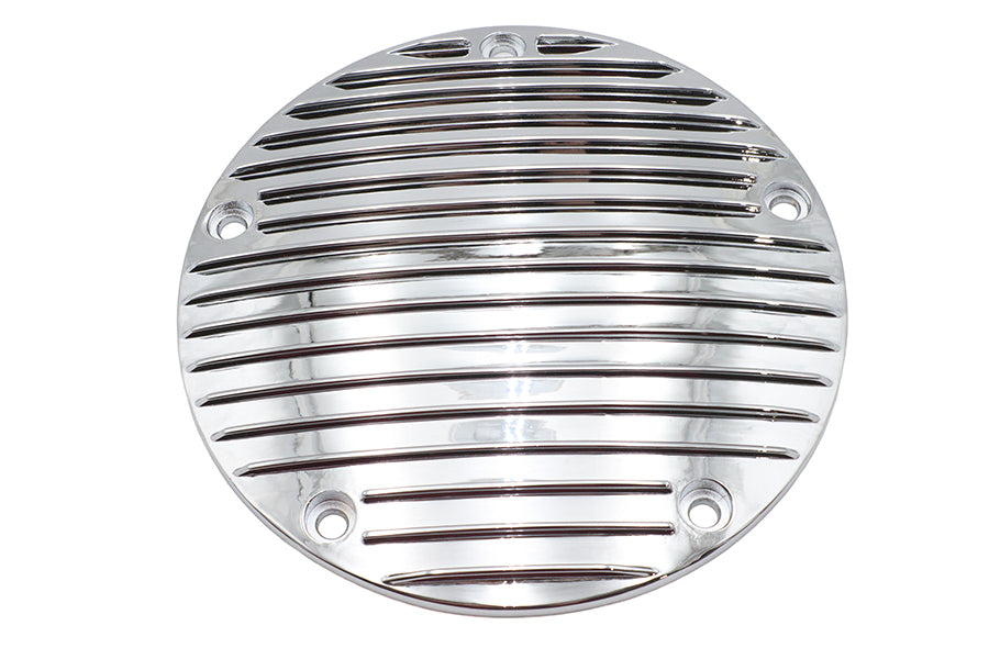 V-Twin Finned Derby Cover Alloy for drive line, showcasing polished metal finish and detailed finned design on motorcycle engine cover.