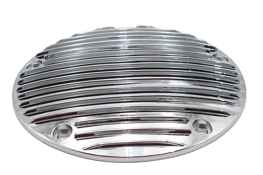 V-Twin Finned Derby Cover Alloy for drive line, showcasing polished metal with finned design, designed for motorcycle engine protection.