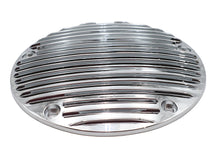 Load image into Gallery viewer, V-Twin Finned Derby Cover Alloy for drive line, showcasing polished metal with finned design, designed for motorcycle engine protection.