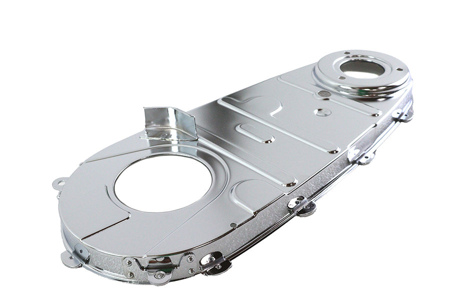 V-TWIN Chrome Inner Primary Cover for V-TWIN Drive Line motorcycle, shiny chrome finish, detailed close-up of the cover.