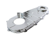 Load image into Gallery viewer, V-TWIN Chrome Inner Primary Cover for V-TWIN Drive Line motorcycle, shiny chrome finish, detailed close-up of the cover.