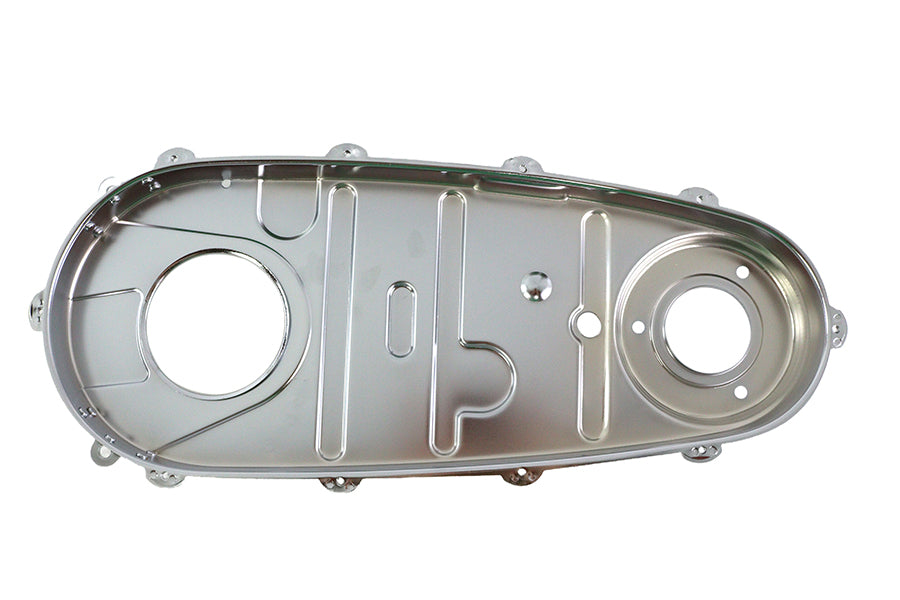 Chrome V-Twin Replica Inner Primary Cover for V-Twin drive line, showcasing polished chrome finish and detailed design.