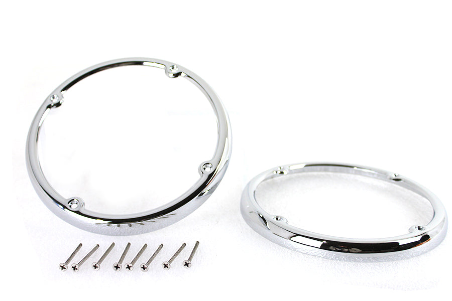 V-Twin chrome rear Tour-Pak speaker trim set for windshield and sissy bar, glossy finish, fits Harley Davidson touring bikes.